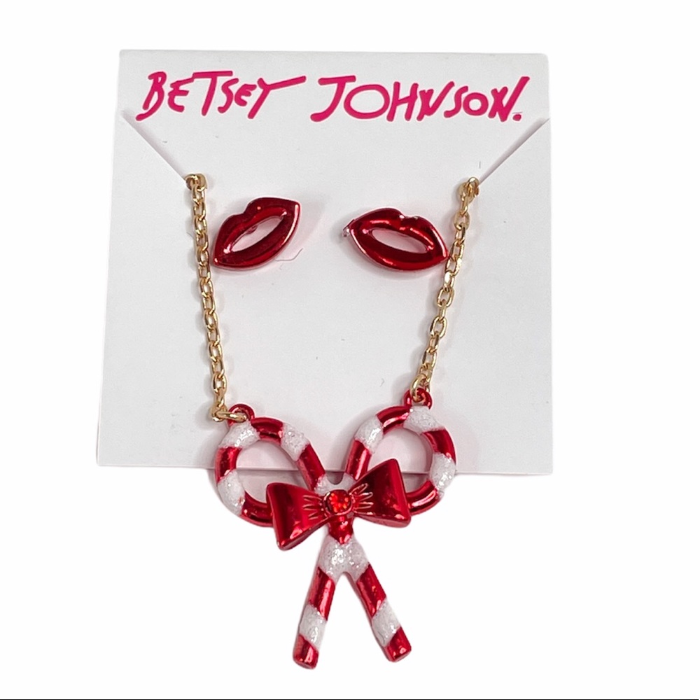 Betsey Johnson Lips Earrings & Candy Cane Necklace